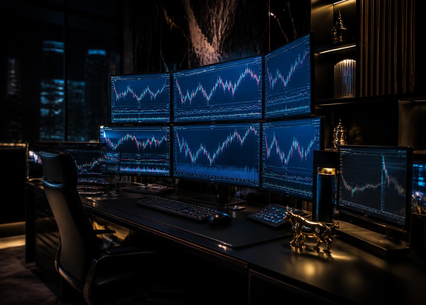 Quantum Capital trading desk with multiple monitors displaying live candlestick charts